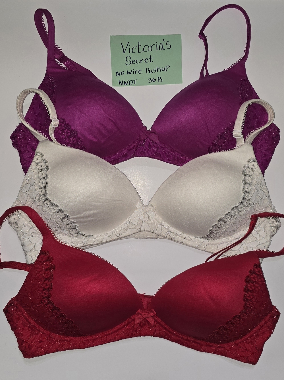 Victoria's Secret No-Wire Pushup Bra Trio — Plum, Ivory, Red